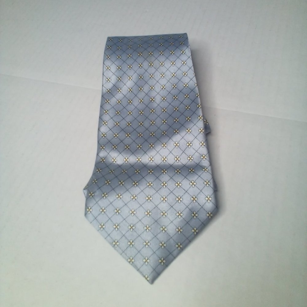 Albertini Silk Tie Hand Made Light Blue Silver Small Yellow Flowers